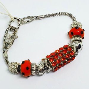 Silver and Orange Rhinestone Bead Holiday Halloween Beaded Charm Bracelet